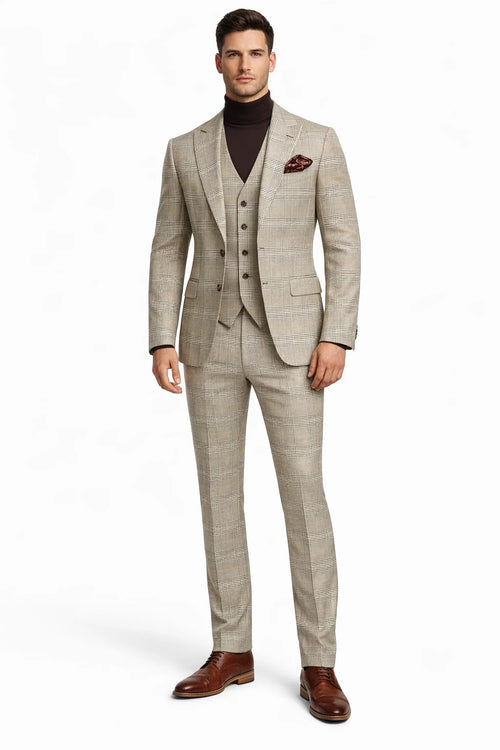 Mens Beige Plaid 3-Piece Suit – Classic Checkered Suit for Weddings, Church Vested Checkered Pattern