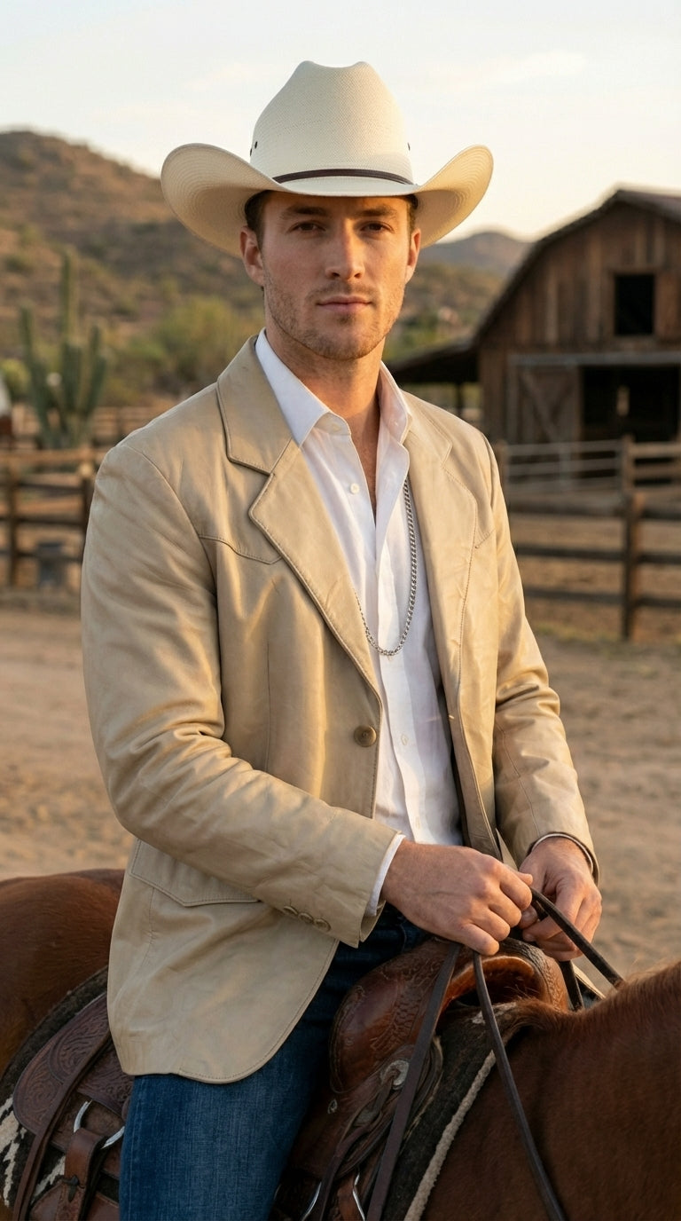 Mens Beige Sand Bone Real Leather Cowboy Western Blazer – Classic Western Style Leather Jacket Casual Formal Ranch Coat for Men