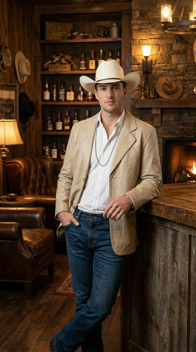 Mens Beige Sand Bone Real Leather Cowboy Western Blazer – Classic Western Style Leather Jacket Casual Formal Ranch Coat for Men