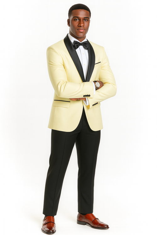 Ivory suit jacket with black satin lapels, paired with black, tapered trousers. Includes a matching bowtie. Designed for a big and tall structured fit, perfect for formal occasions.