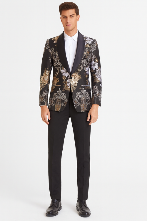 Black floral jacquard blazer with satin lapel, gold/silver floral patterns, black pants, and a bowtie. Stylish men's formal wear.
