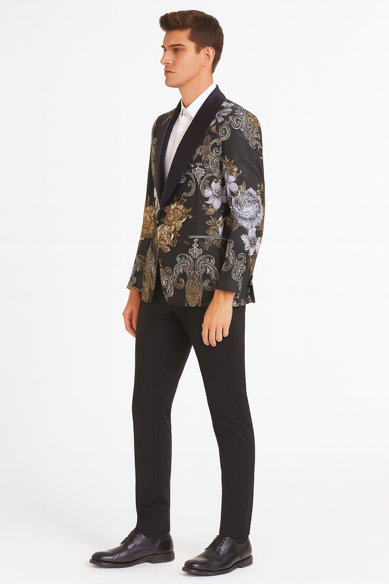 Men's black blazer with gold floral jacquard design and satin lapel. Paired with black pants. Features intricate gold & silver floral patterns.