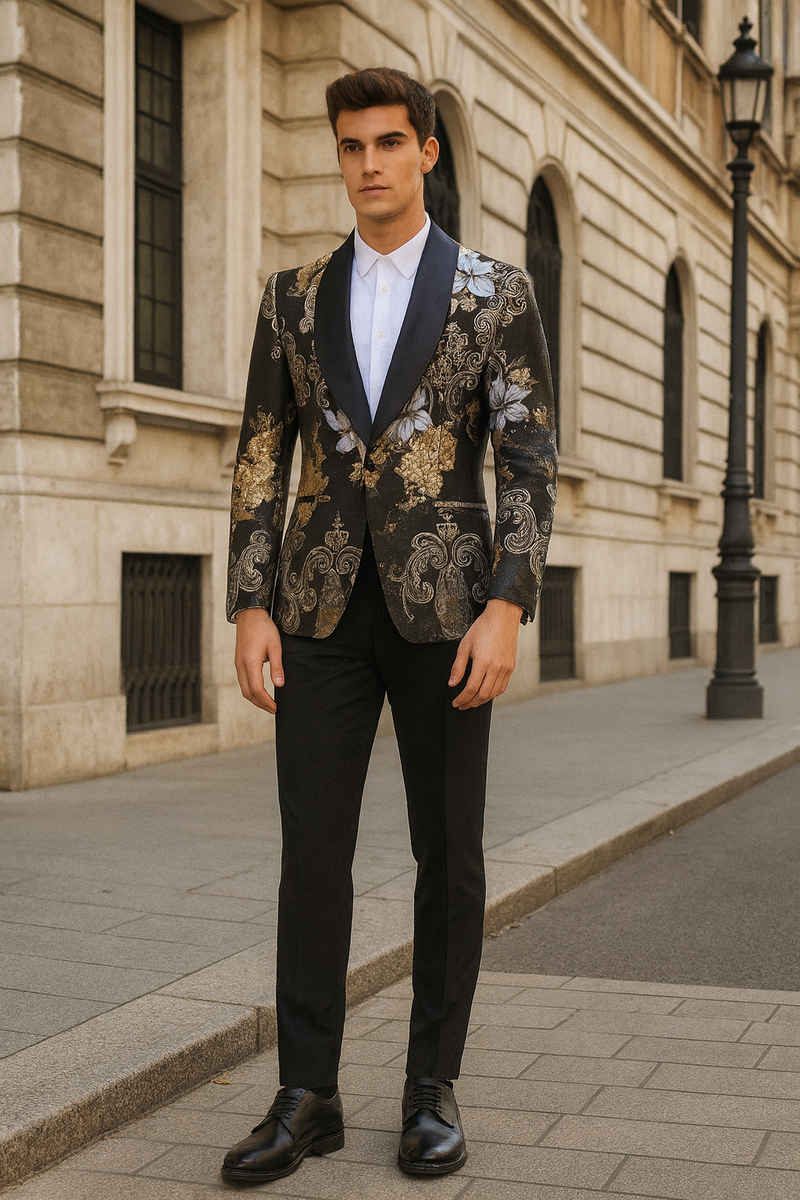 Men's black blazer with gold/silver floral jacquard, satin shawl lapel. Worn with black pants, white shirt, and a bowtie. Classic, elegant look.