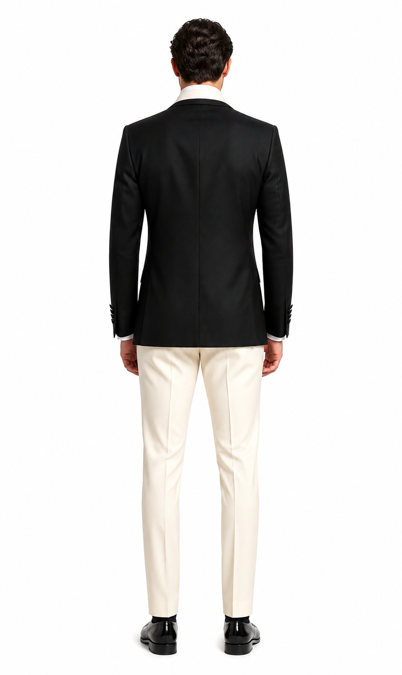 Mens Black and Ivory Tuxedo with Wide Shawl Lapel – 3 Piece Black and off White Lapel ! Vested Suit