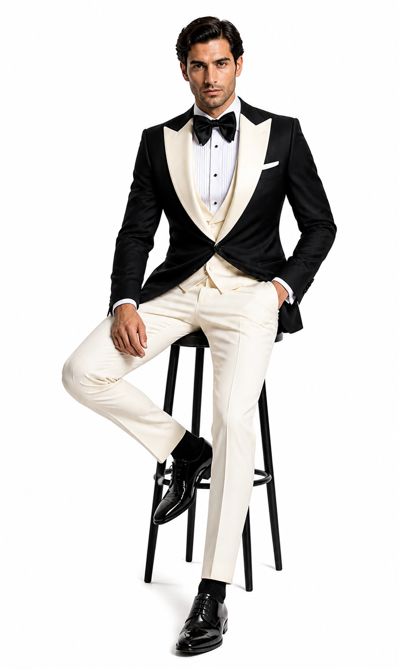 Mens Black and Ivory Tuxedo with Wide Shawl Lapel – 3 Piece Black and off White Lapel ! Vested Suit