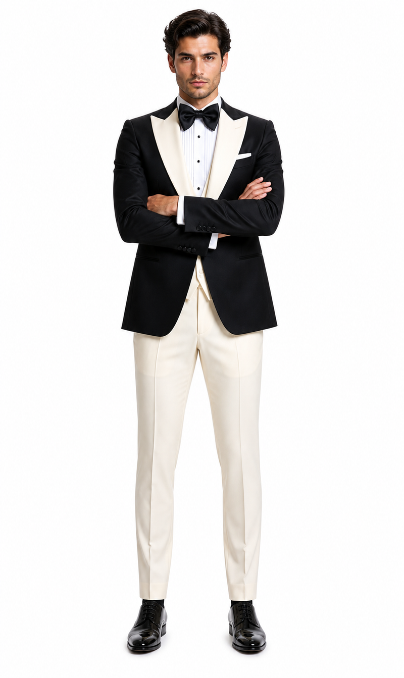 Mens Black and Ivory Tuxedo with Wide Shawl Lapel – 3 Piece Black and off White Lapel ! Vested Suit