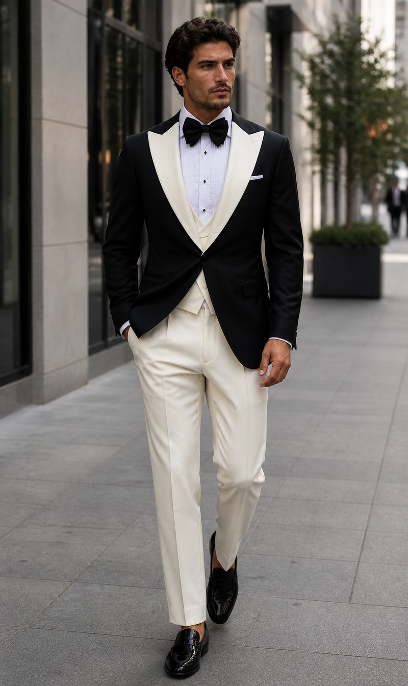 Mens Black and Ivory Tuxedo with Wide Shawl Lapel – 3 Piece Black and off White Lapel ! Vested Suit