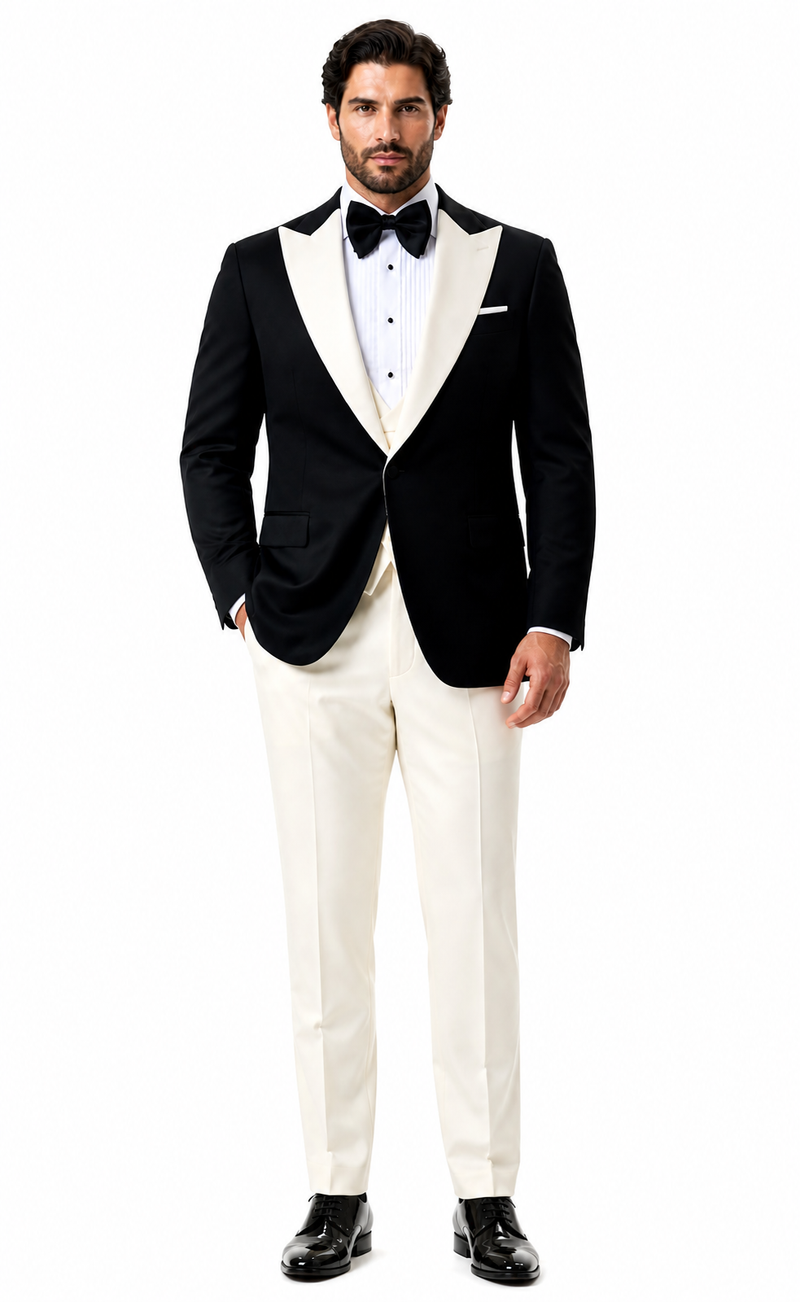 Mens Black and Ivory Tuxedo with Wide Shawl Lapel – 3 Piece Black and off White Lapel ! Vested Suit