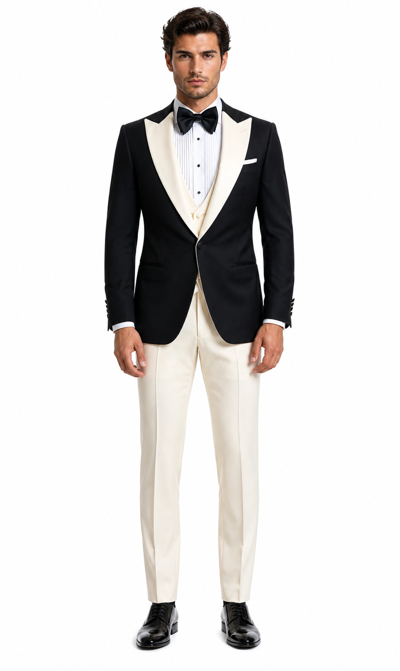 Mens Black and Ivory Tuxedo with Wide Shawl Lapel – 3 Piece Black and off White Lapel ! Vested Suit