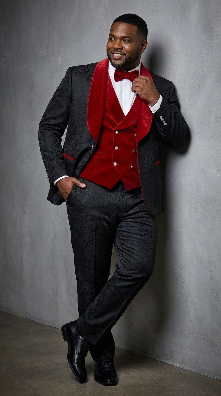 Men’s Black Paisley Tuxedo with Red Velvet Shawl Lapel – 3 Piece Wedding Prom Suit