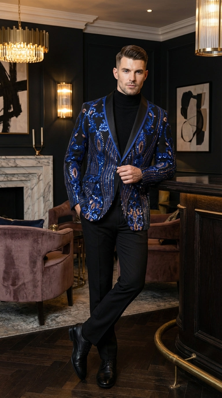 Mens Black and Royal and Gold and Navy Blue Sequin Tuxedo Suit Set – Luxury Prom Wedding Tuxedo with Sequin Jacket