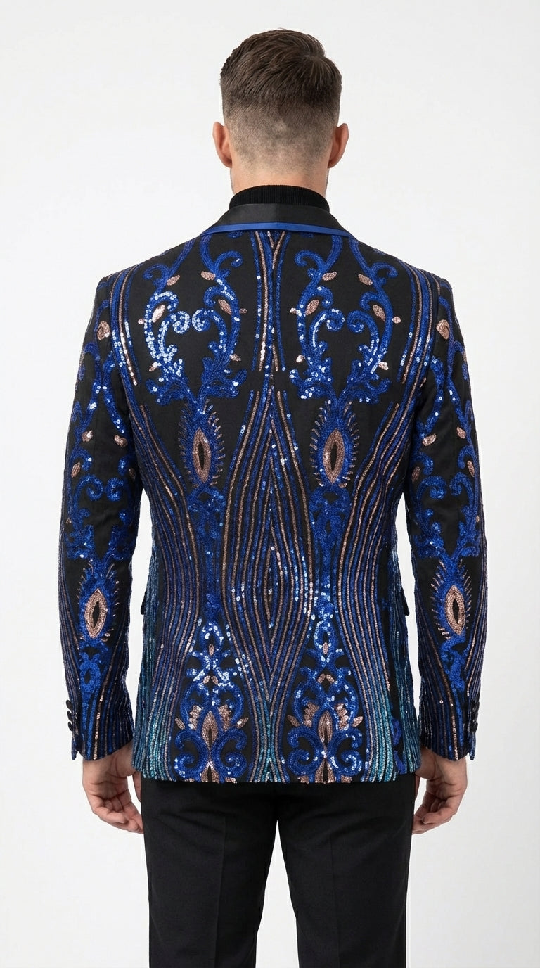 Mens Black and Royal and Gold and Navy Blue Sequin Tuxedo Suit Set – Luxury Prom Wedding Tuxedo with Sequin Jacket