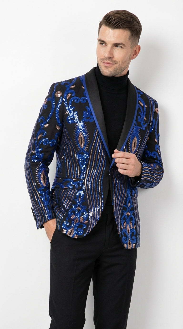 Mens Black and Royal and Gold and Navy Blue Sequin Tuxedo Suit Set – Luxury Prom Wedding Tuxedo with Sequin Jacket