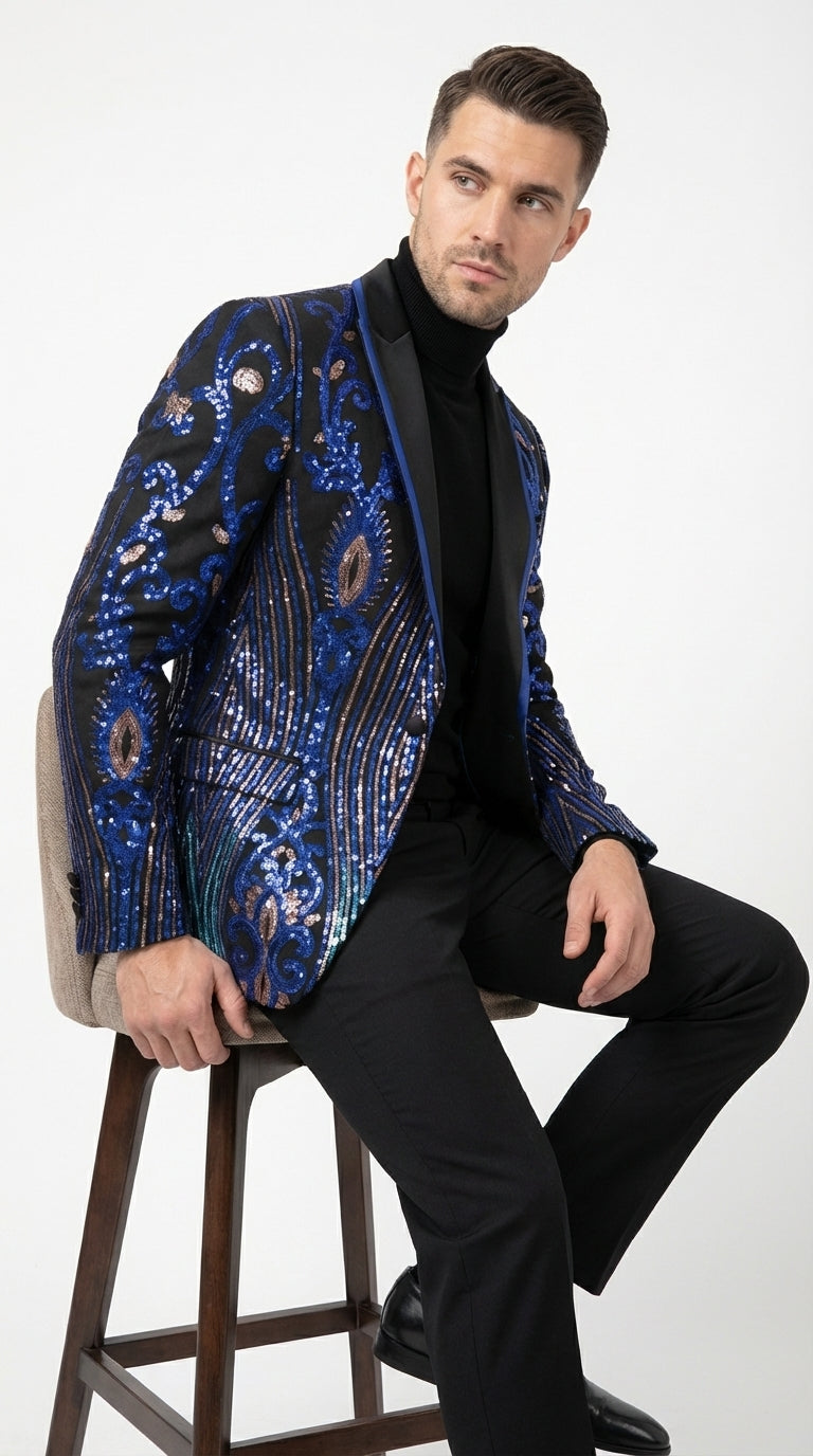 Mens Black and Royal and Gold and Navy Blue Sequin Tuxedo Suit Set – Luxury Prom Wedding Tuxedo with Sequin Jacket
