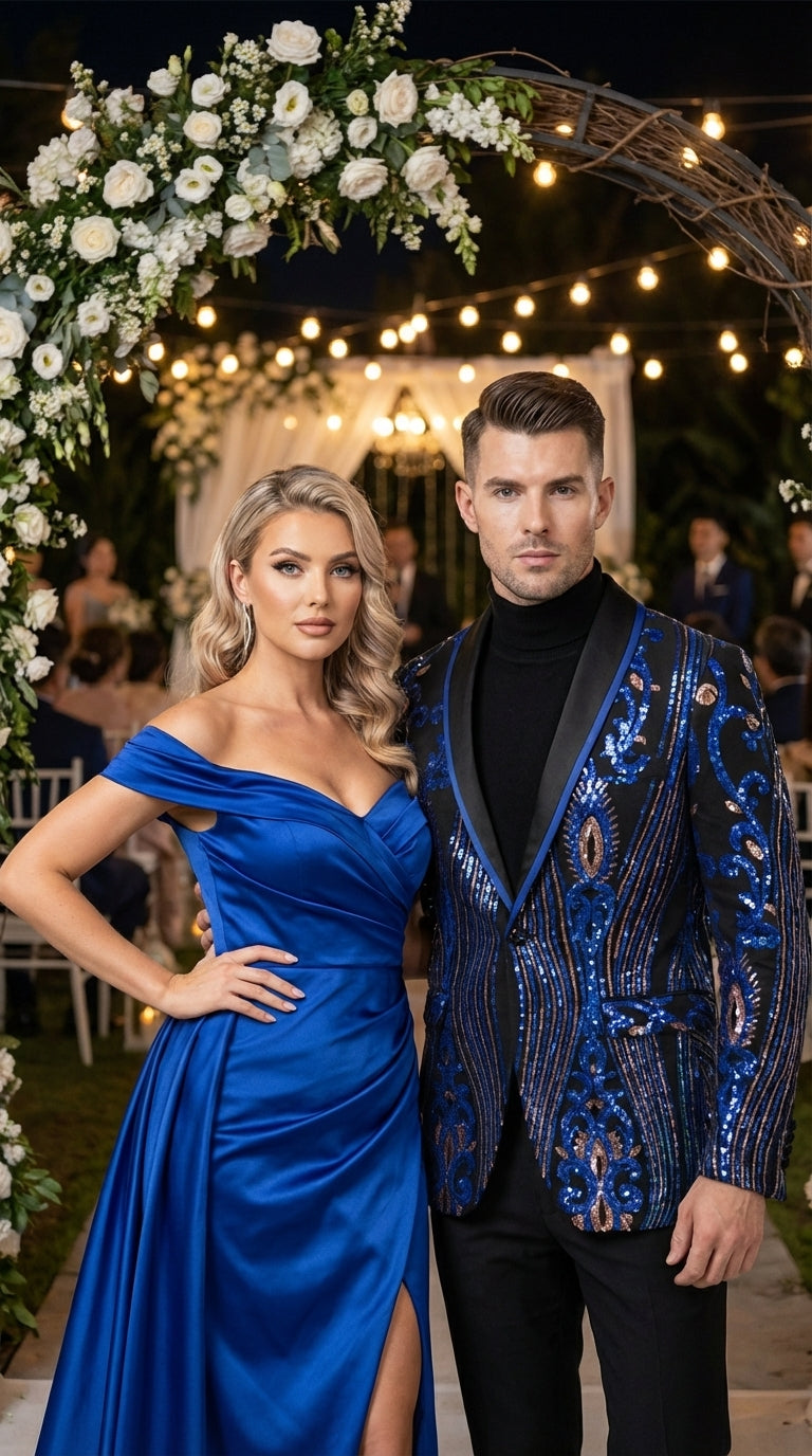 Mens Black and Royal and Gold and Navy Blue Sequin Tuxedo Suit Set – Luxury Prom Wedding Tuxedo with Sequin Jacket