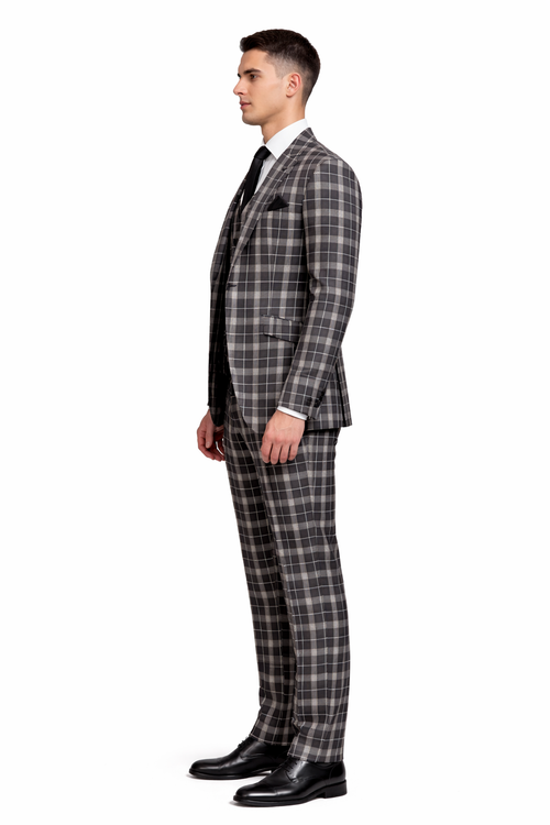 Men's Black and White Plaid Three-Piece Suit – Modern Slim Fit Tuxedo for Church and Business