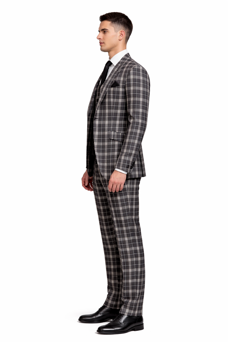 Men's Black and White Plaid Three-Piece Suit – Modern Slim Fit Tuxedo for Church and Business