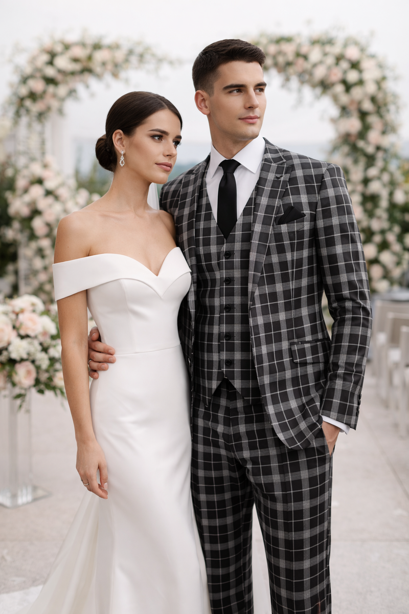 Men's Black and White Plaid Three-Piece Suit – Modern Slim Fit Tuxedo for Church and Business