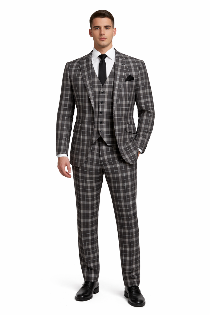Men's Black and White Plaid Three-Piece Suit – Modern Slim Fit Tuxedo for Church and Business