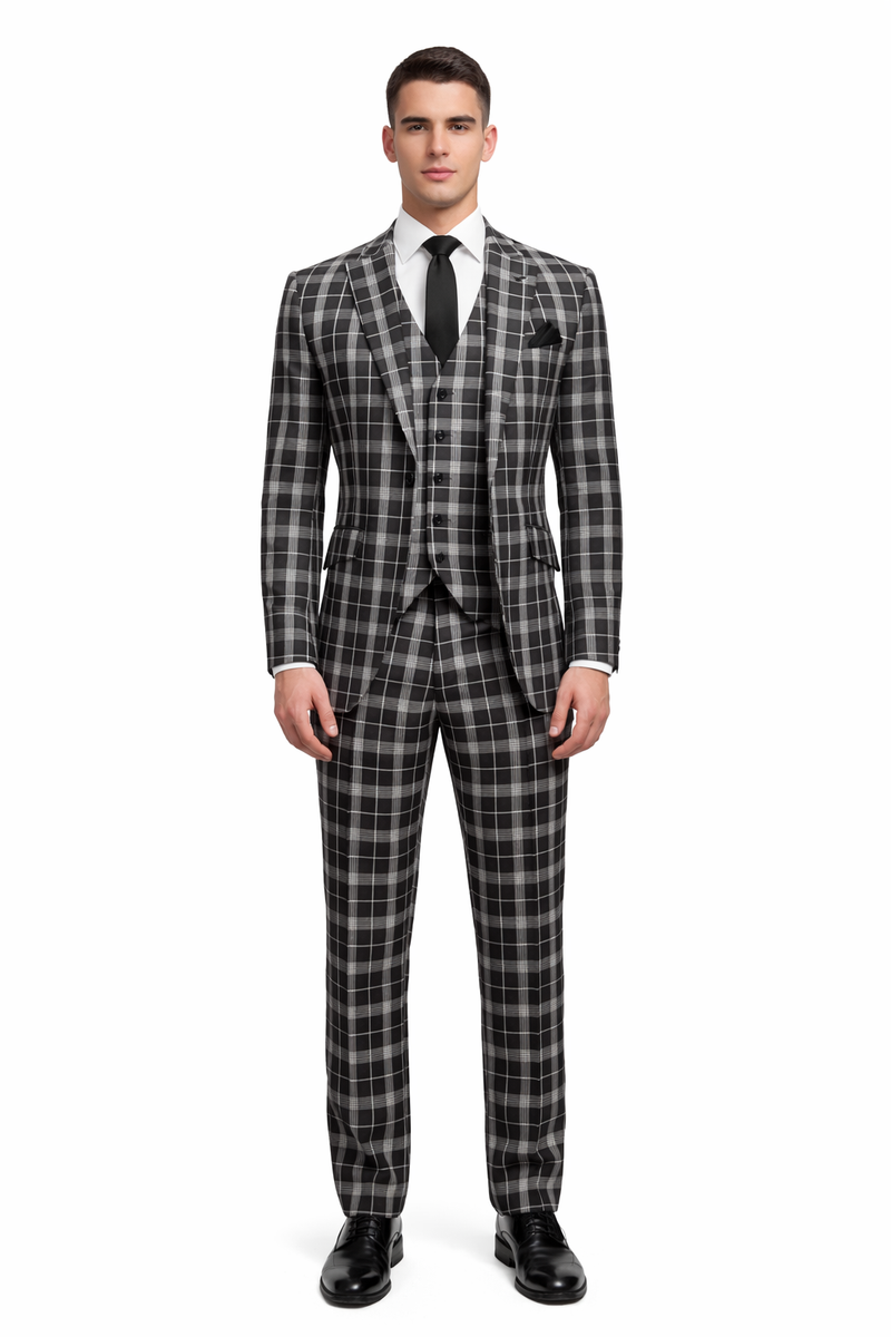 Men's Black and White Plaid Three-Piece Suit – Modern Slim Fit Tuxedo for Church and Business