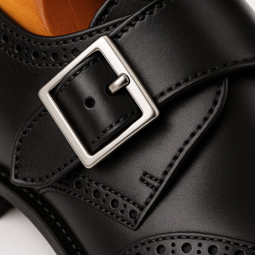 Mens Leather Wingtip Monk Strap Dress Shoe in Brown & Navy