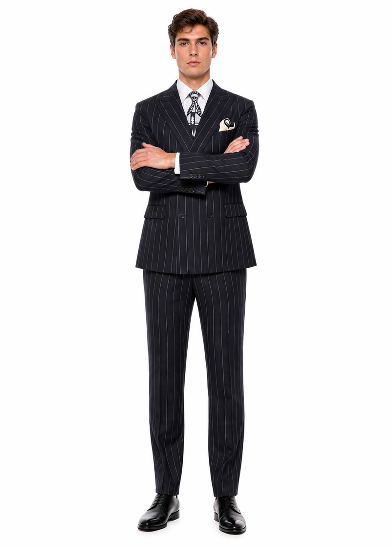 Mens Black Pinstripe AI Capone Suit – Vintage 1920s Gangster Style Three Piece Formal Suit