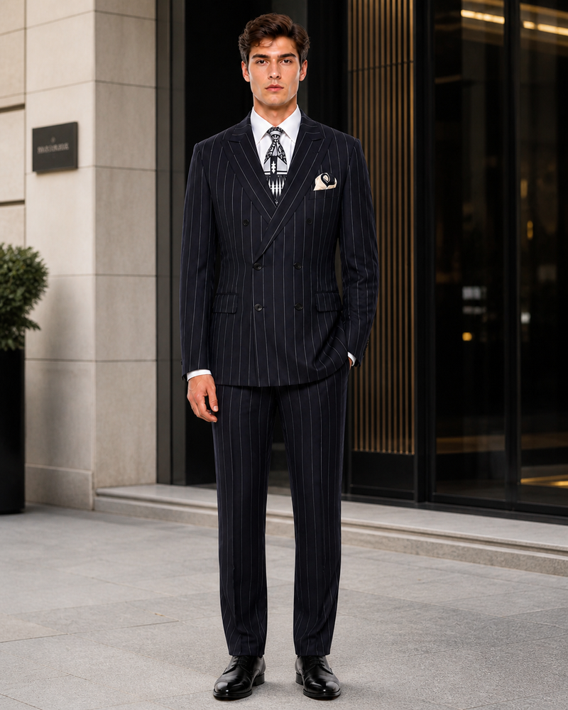 Mens Black Pinstripe AI Capone Suit – Vintage 1920s Gangster Style Three Piece Formal Suit