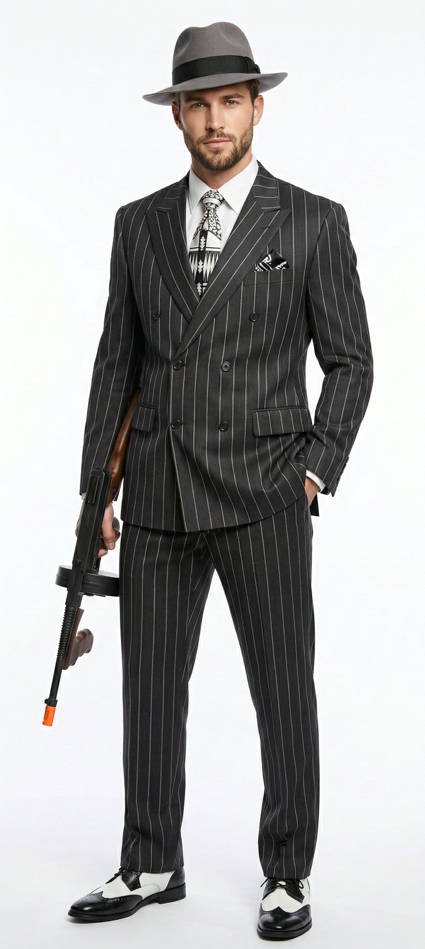 Mens Black Pinstripe AI Capone Suit – Vintage 1920s Gangster Style Three Piece Formal Suit