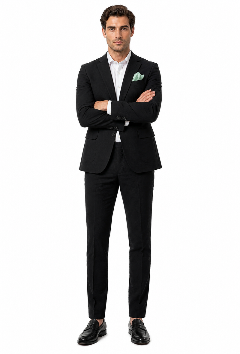 Mens Black Seersucker Suit – Shadow Ton on Ton Mini Textured Two Button Cotton Fabric Formal Summer Suit