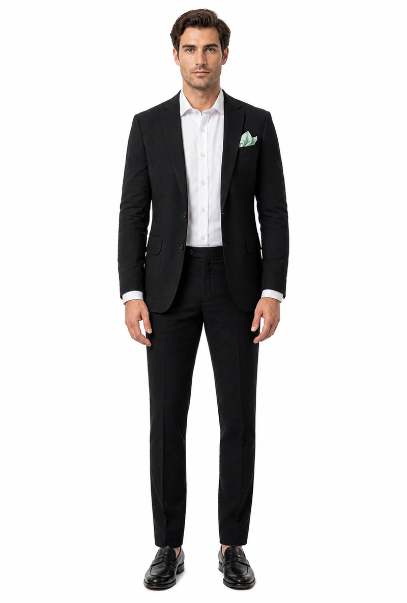 Mens Black Seersucker Suit – Shadow Ton on Ton Mini Textured Two Button Cotton Fabric Formal Summer Suit