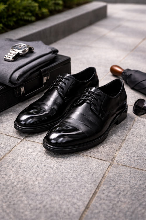 Mens Black Shiny Dress Shoe -Classic Tuxedo Style Designed for Wedding