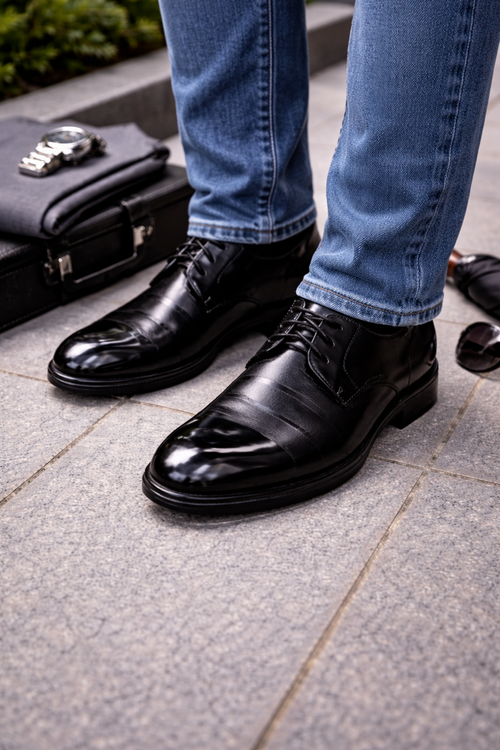 Mens Black Shiny Dress Shoe -Classic Tuxedo Style Designed for Wedding