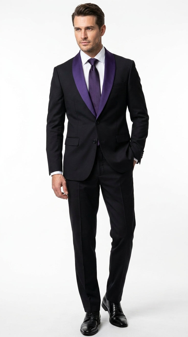 Mens Black Suit with Purple Lapel – Elegant Formal Tuxedo Style Suit for Wedding, Prom, Party and Evening Wear