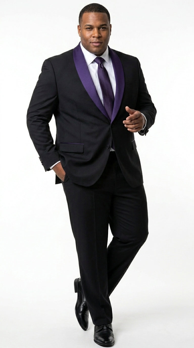 Mens Black Suit with Purple Lapel – Elegant Formal Tuxedo Style Suit for Wedding, Prom, Party and Evening Wear