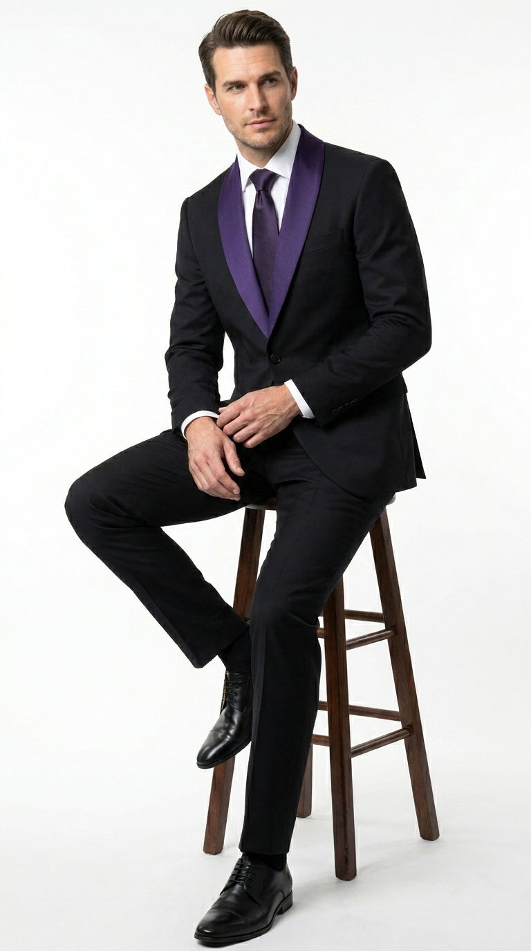Mens Black Suit with Purple Lapel – Elegant Formal Tuxedo Style Suit for Wedding, Prom, Party and Evening Wear