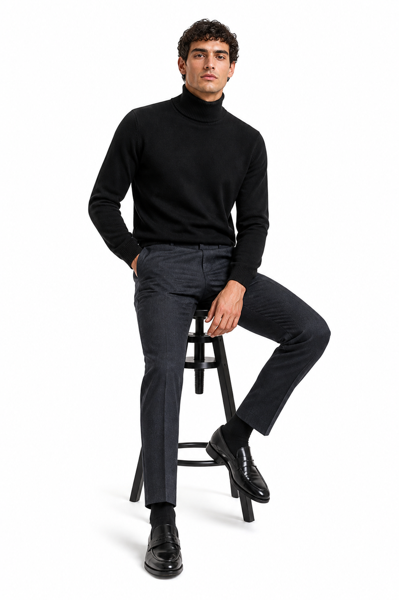 Men's Black Turtleneck Sweater – Classic Slim Fit Knit Pullover for Winter Layering