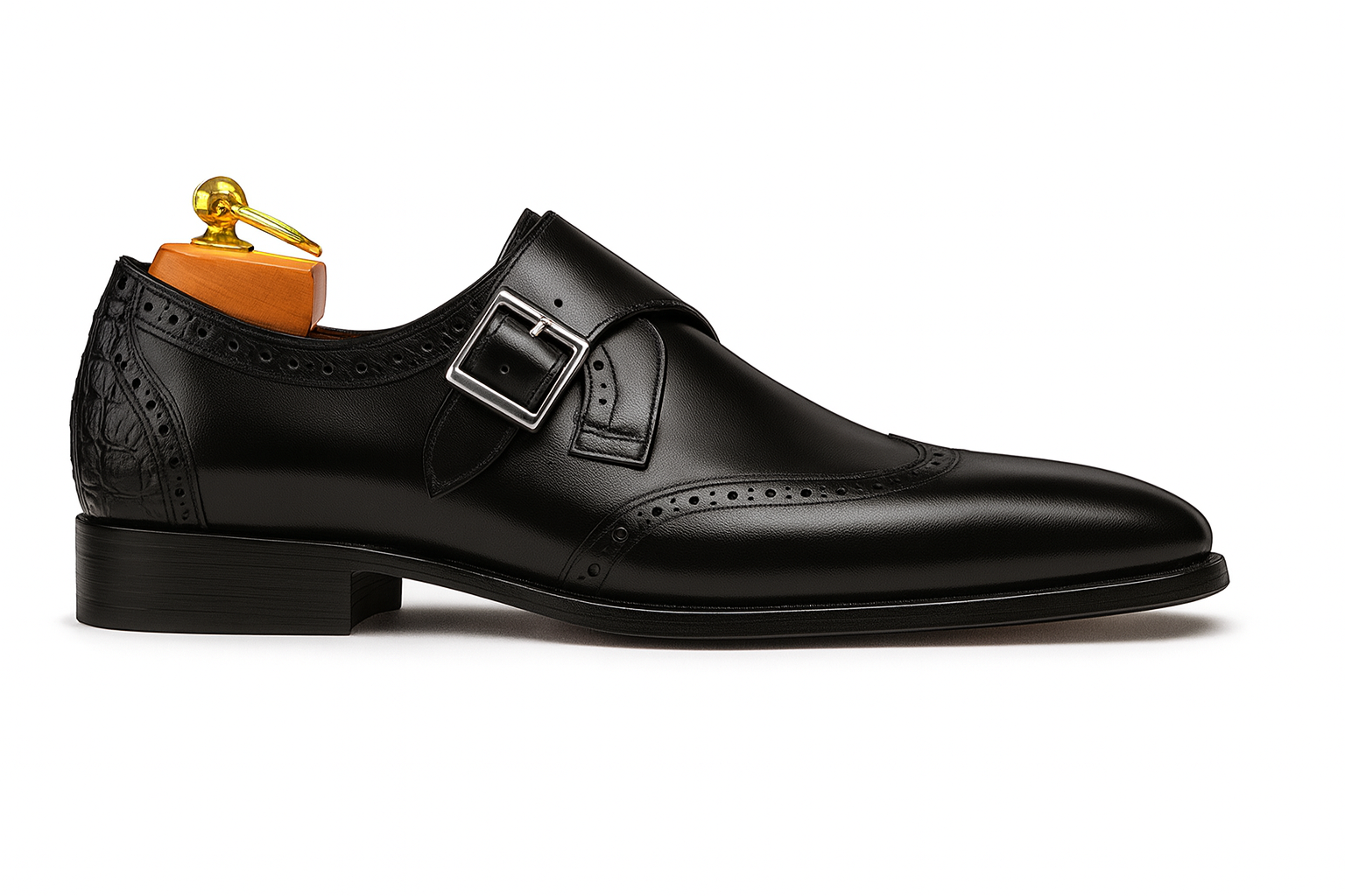 Mens Leather Wingtip Monk Strap Dress Shoe in Brown & Navy