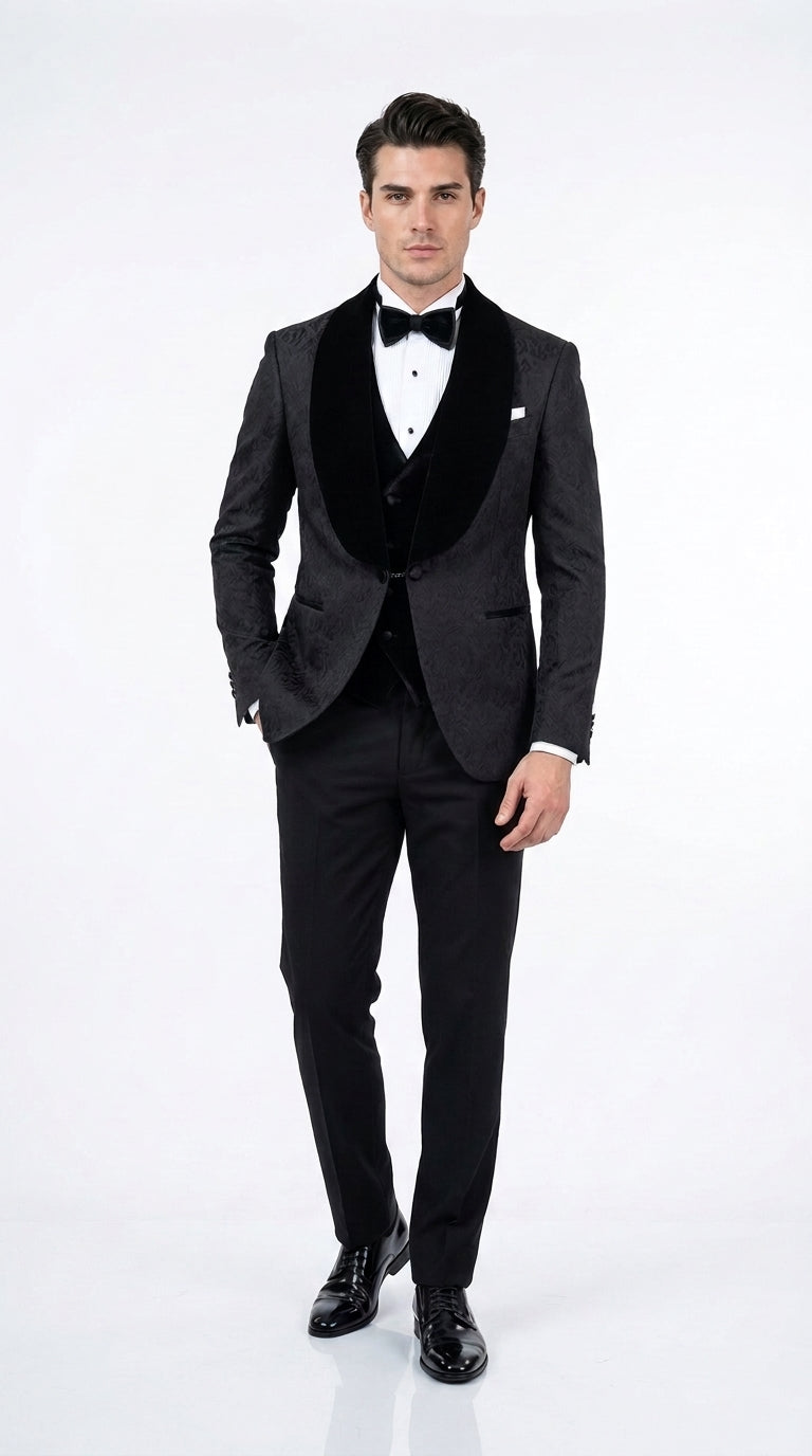 Men’s Black With Velvet collar 3 Piece Tuxedo Suit – Floral Jacquard Dinner Jacket with Vest and Bowtie