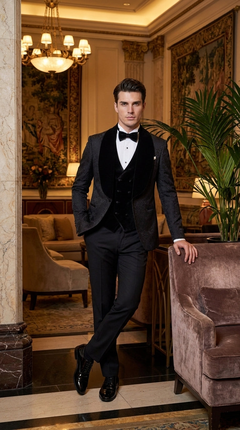 Men’s Black With Velvet collar 3 Piece Tuxedo Suit – Floral Jacquard Dinner Jacket with Vest and Bowtie