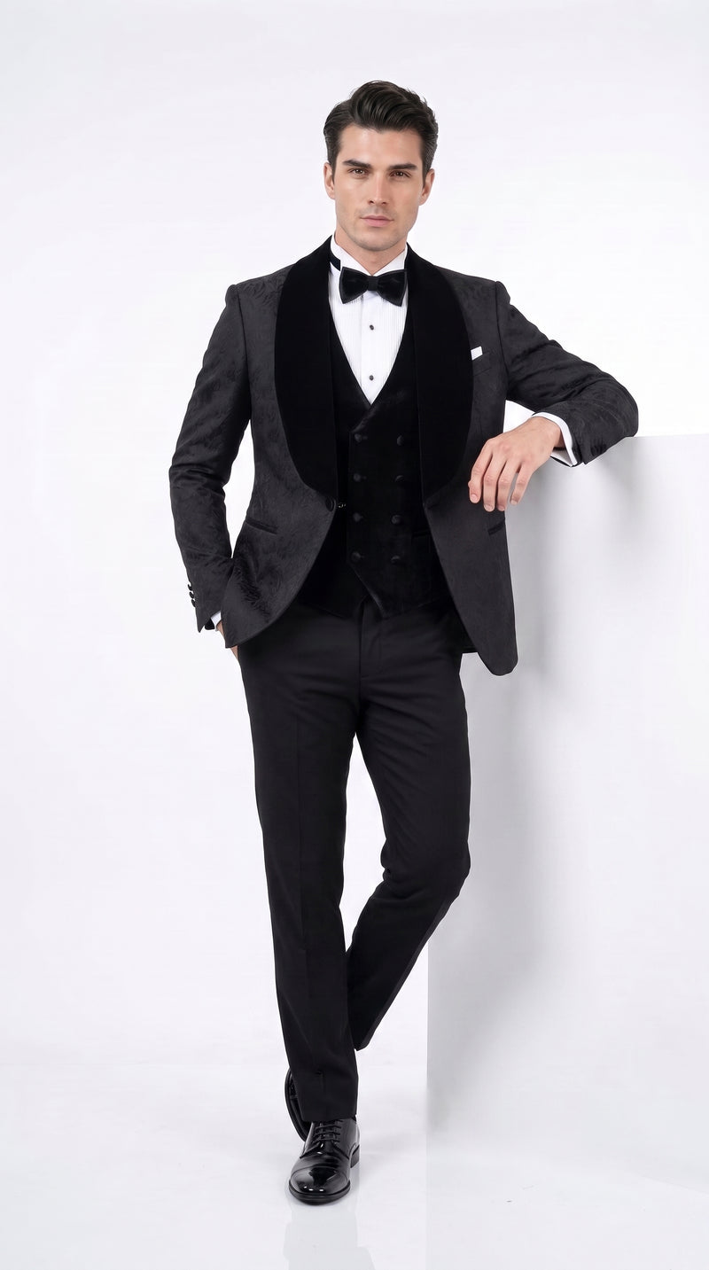 Men’s Black With Velvet collar 3 Piece Tuxedo Suit – Floral Jacquard Dinner Jacket with Vest and Bowtie