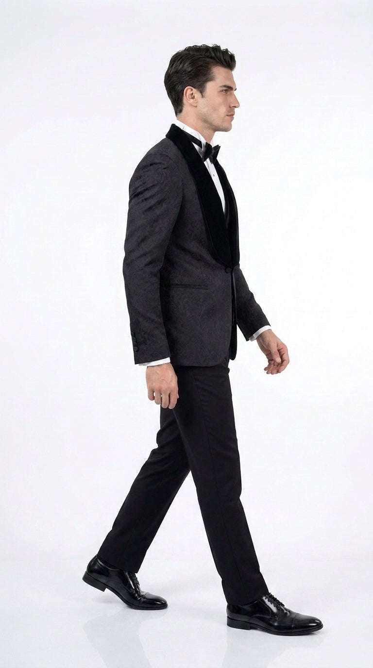 Men’s Black With Velvet collar 3 Piece Tuxedo Suit – Floral Jacquard Dinner Jacket with Vest and Bowtie