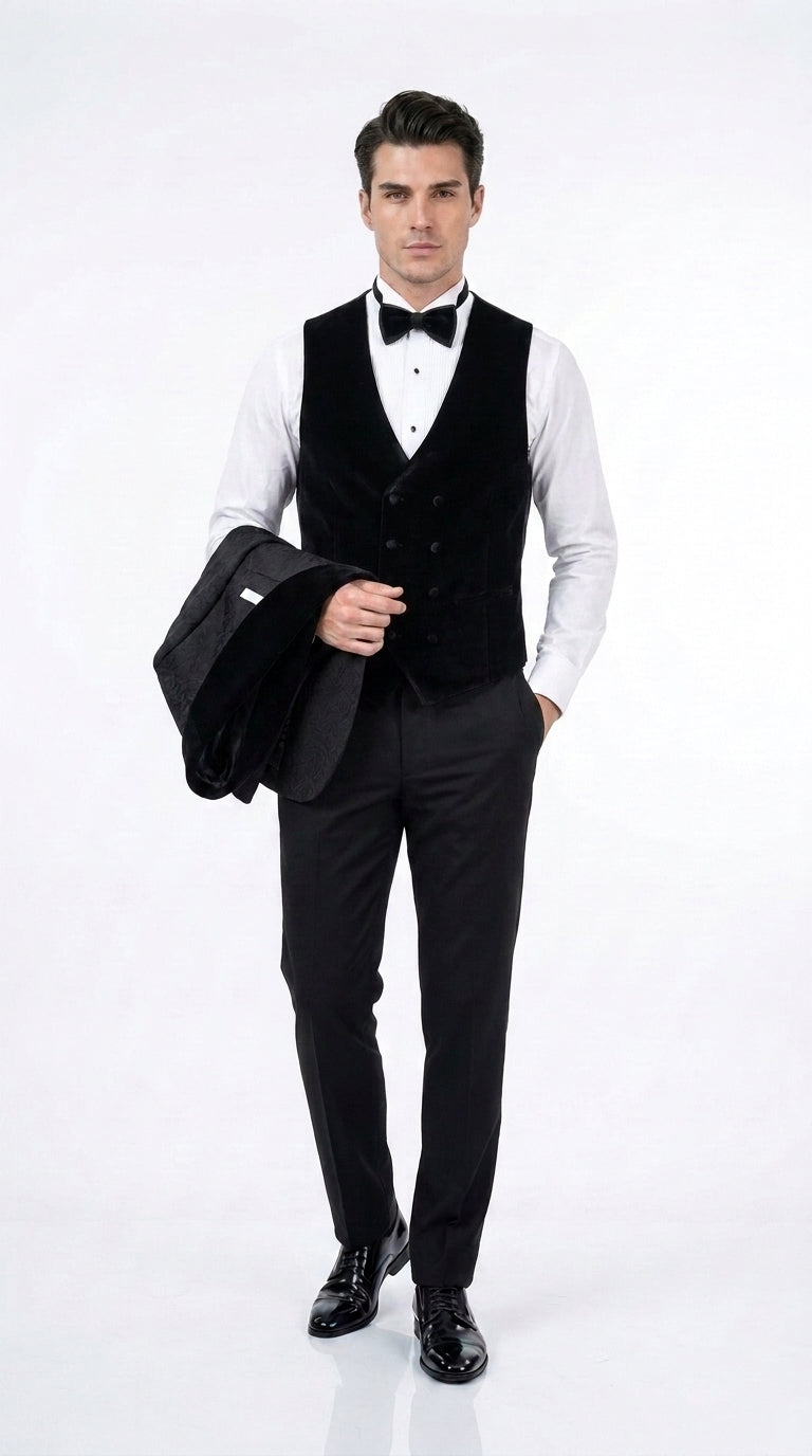 Men’s Black With Velvet collar 3 Piece Tuxedo Suit – Floral Jacquard Dinner Jacket with Vest and Bowtie