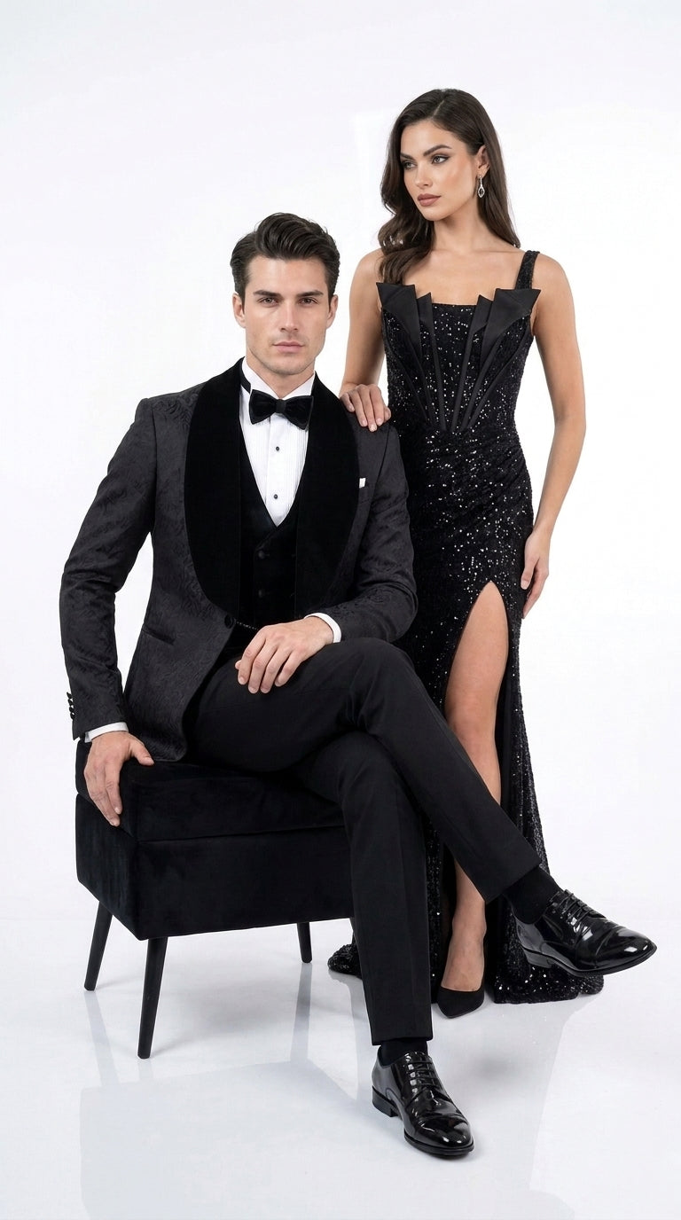 Men’s Black With Velvet collar 3 Piece Tuxedo Suit – Floral Jacquard Dinner Jacket with Vest and Bowtie