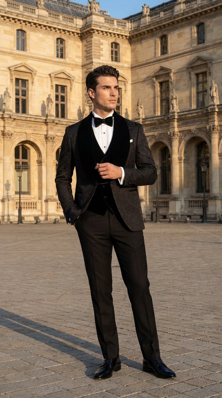Men’s Black With Velvet collar 3 Piece Tuxedo Suit – Floral Jacquard Dinner Jacket with Vest and Bowtie