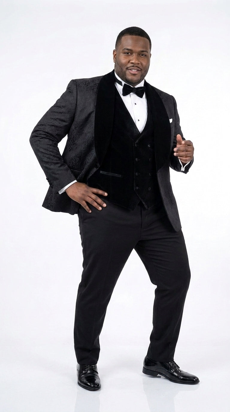 Men’s Black With Velvet collar 3 Piece Tuxedo Suit – Floral Jacquard Dinner Jacket with Vest and Bowtie