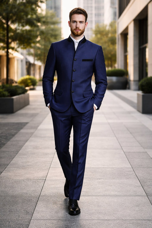 Mandarin Collar Tuxedo - Mandarin Tuxedo - No Collar Suit - Blue Suit