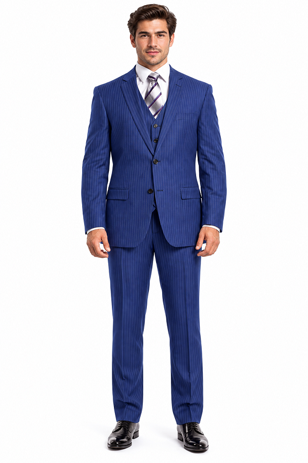 Mens Blue Pinstripe Suit Two Button Vested Business Suit In French Blue Pinstripe