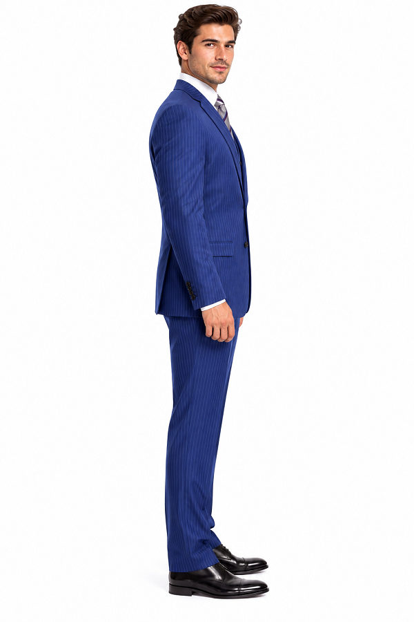Mens Blue Pinstripe Suit Two Button Vested Business Suit In French Blue Pinstripe