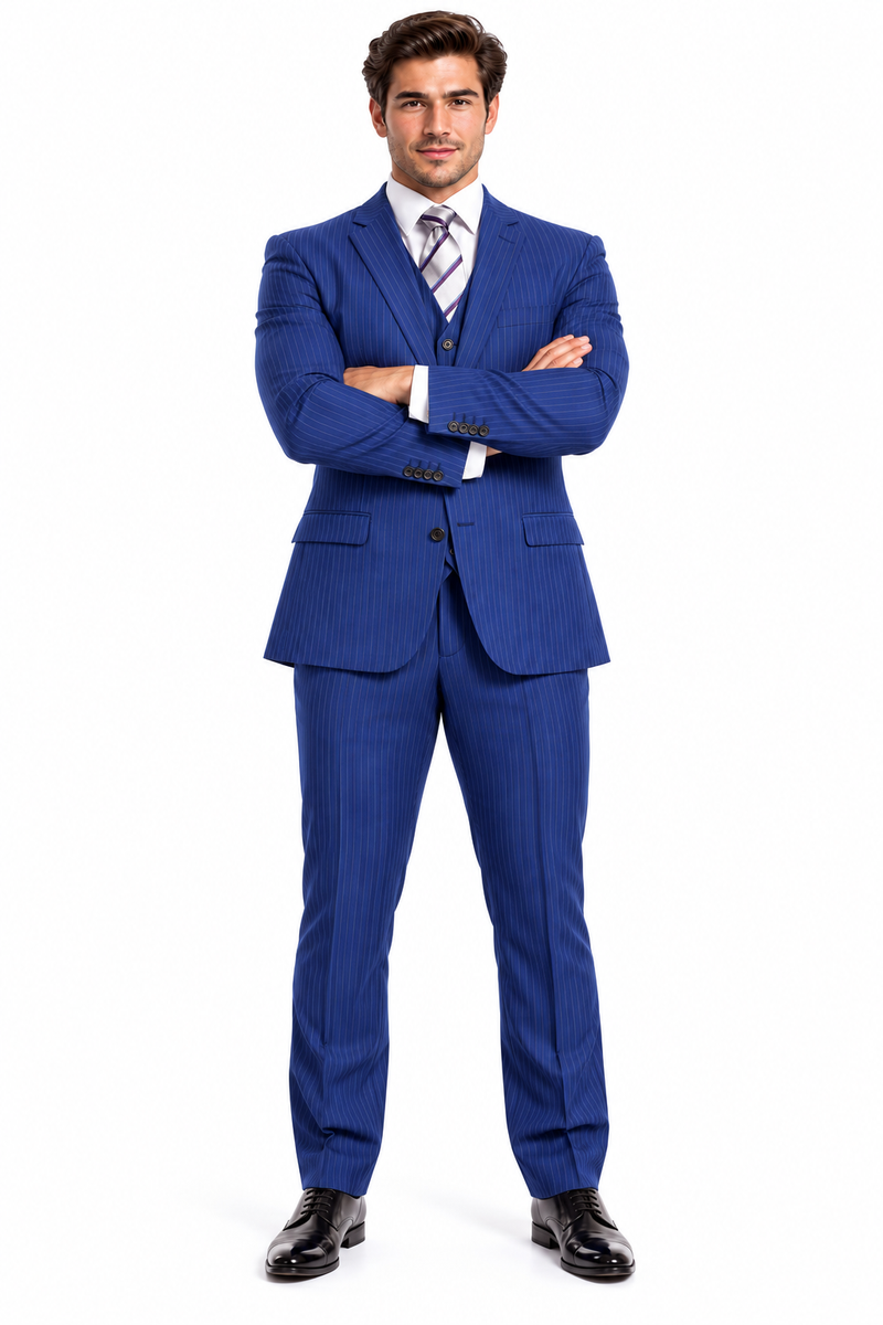 Mens Blue Pinstripe Suit Two Button Vested Business Suit In French Blue Pinstripe