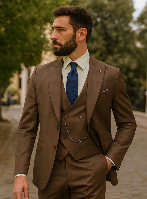 Brown designer suit with vest. Tailored fit, sharp lapels, single-breasted. Textured material. Includes matching waistcoat, light shirt, patterned tie, and coordinating pocket square for a polished look.